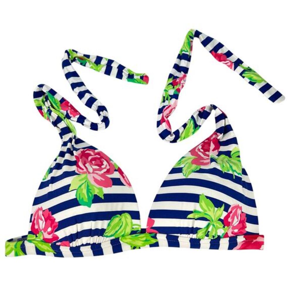 Betsey Johnson Womens Medium Bikini Top Floral Stripe Halter‎ Pink Navy White